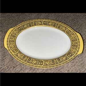 Vintage Golden Damask Porcelain Serving Platter Gold Trim Oval Tray 10x14.5
